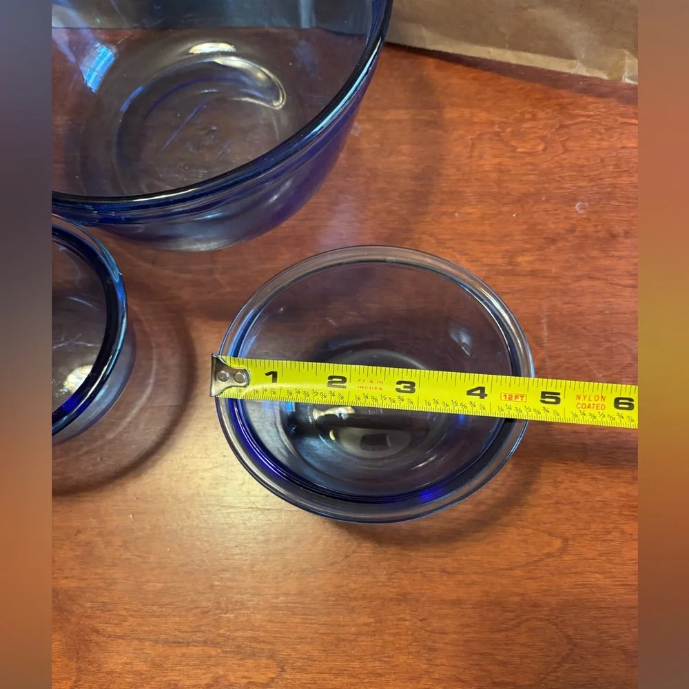 Anchor Hocking Set of Blue Glass Mixing Bowl and 2 prep bowls.